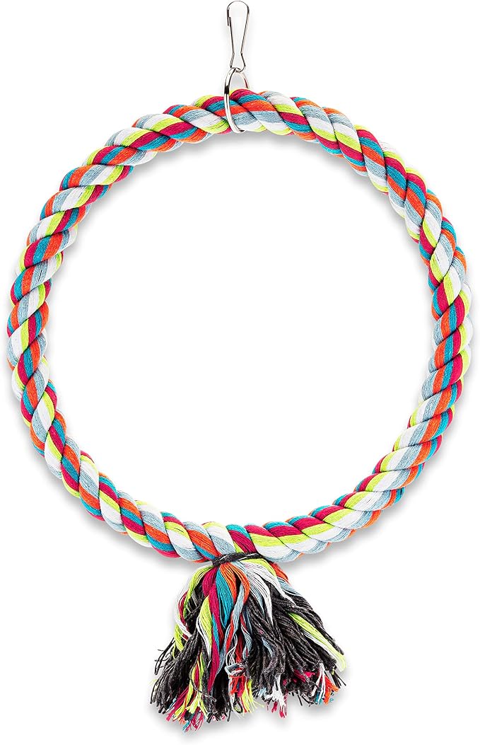 Spoiled Pet® Medium Bird Rope Perch Circle Swing Toy Multicolor 8 Inch | Natural cotton & steel rod cage accessory for Cockatiel Conure, Safe to climb, chew, relieve boredom, with metal quick link