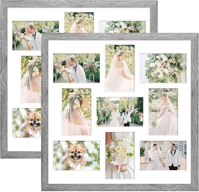 17x17 Collage frame with 9 Openings 4X6 Pictures, Multiple Picture Frame with Mat, Wall or Tabletop Decor, Grey Wood Grain,2 Pack