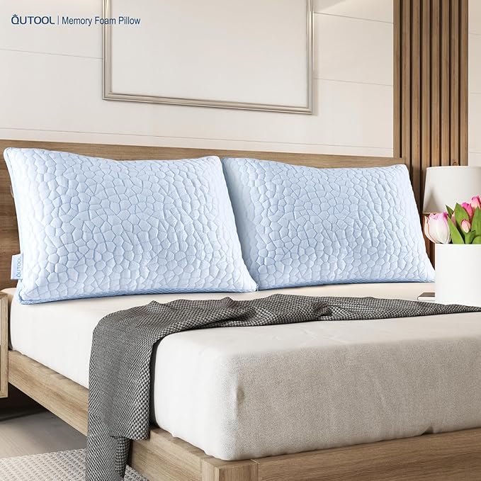 QUTOOL Enhanced Cooling Pillows for Sleeping, CertiPUR-US Shredded Memory Foam Pillows Standard Size Set of 1 for Hot Sleeper, Adjustable Pillow for Side, Back, Stomach Sleepers Support Yet Soft, Blue