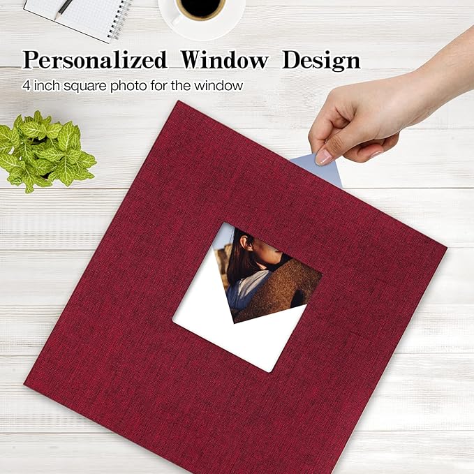 potricher 11x10.6 Inch Self Adhesive Photo Album Linen Cover 80 Pages Sticky 3x5 4x6 5x7 6x8 8x10 8.5x11 Magnetic DIY Scrapbook Photo Album with A Metallic Pen (Red)