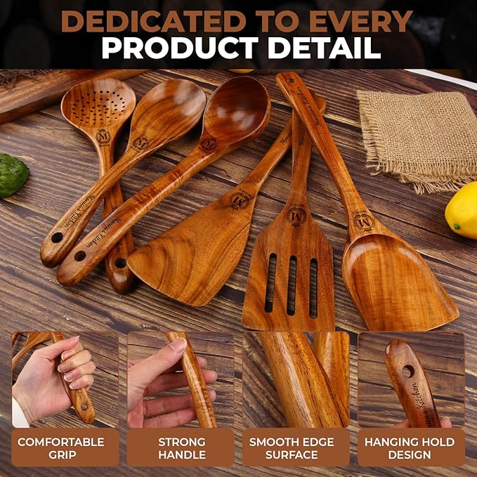 Personalized Wooden Cooking Spoons, Ladle and Spatula – Custom Engraved Teak Wood Utensils Set of 6, Ideal Gift for Housewarming, Christmas, Weddings & Friends