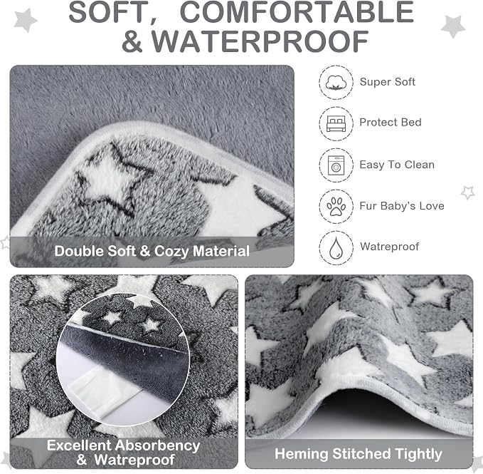 Reginary 4 Pcs Guinea Pig Fleece Blankets, Gray Star, 24 x 16 Inch | Waterproof Washable Cage Liners, Absorbent Double Layer Bedding for Guinea Pigs, Reusable Pads for Hamsters Rabbits