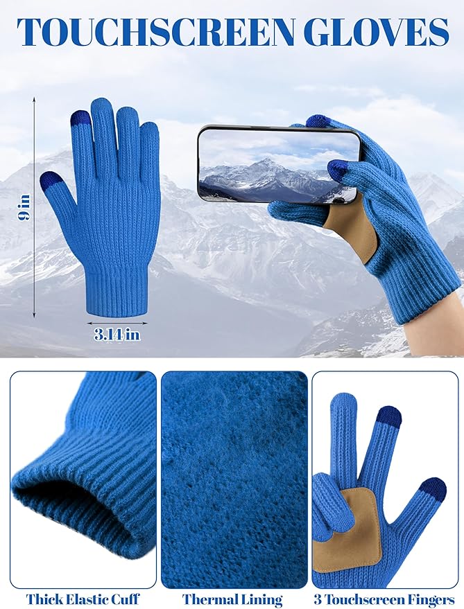 LOROME Women Winter Beanie Hat Scarf Gloves Set, Fleece Knitted Pompom Hat Warm Neck Scarf Touchscreen Gloves Winter Gift