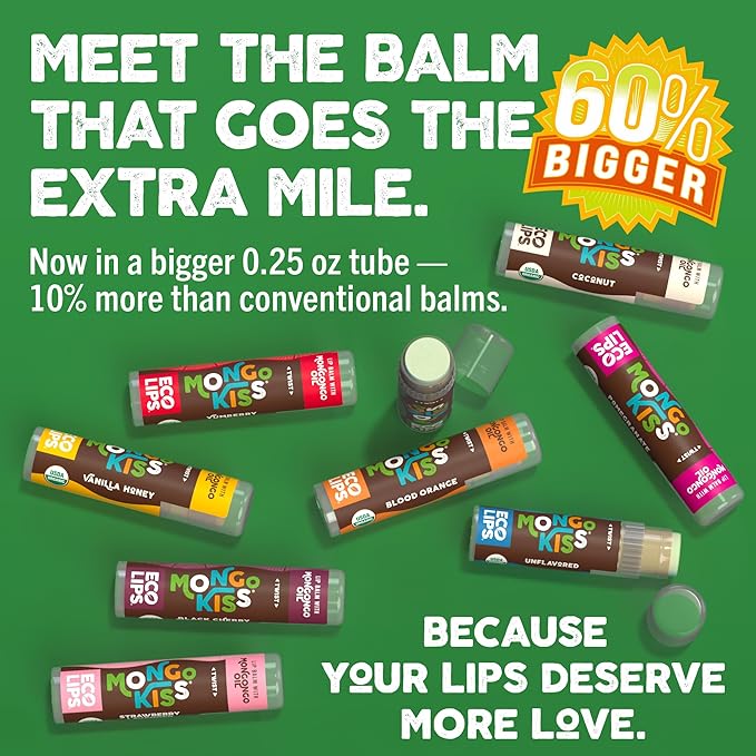 Eco Lips Mongo Kiss Organic Lip Balm 4 Pack - 100 Percent USDA Organic - Soothe, Moisturize Dry, Cracked and Chapped Lips - Made in USA (Peppermint & Vanilla Honey)