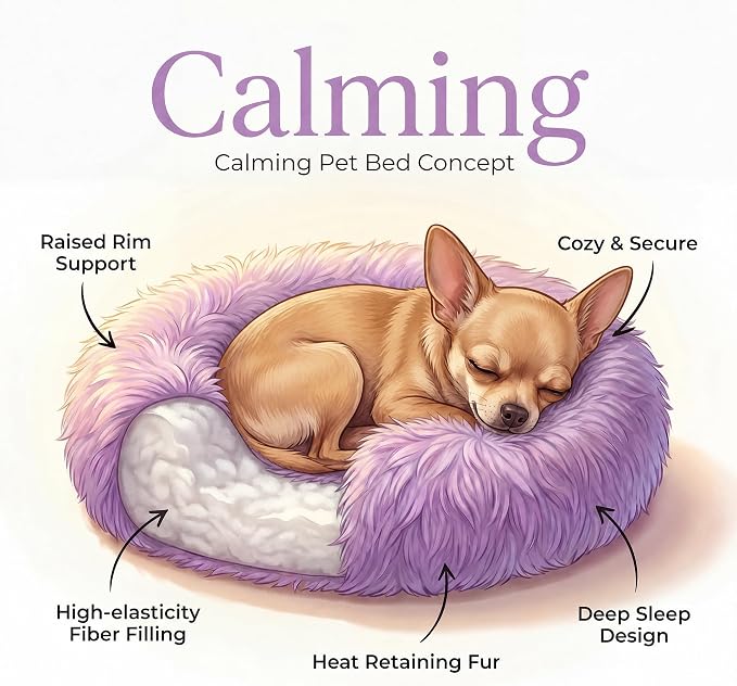 Tiny Dog Bed 15 Inch for Extra Small Dogs,Washable Puppy Bed,Soft Faux Fur Calming Donut Bed for Chihuahua Yorkie Maltese Pomeranian,Purple and White