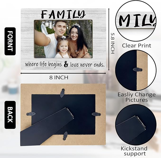 Family 4x6 Picture Frame, Family Reunion Gifts Photo Frame, Where Life Begins Love Never Ends Wooden Picture Frames for Wall or Tabletop Display