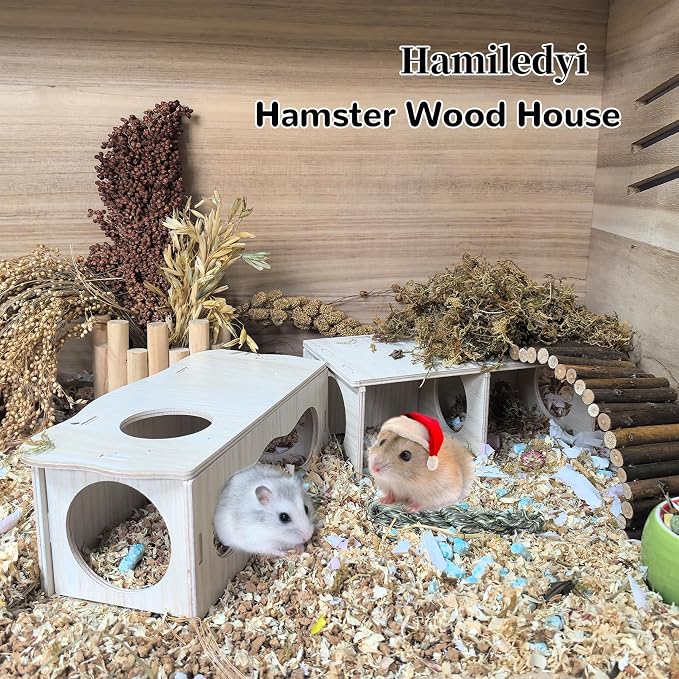 2 PCS Wooden Hamster Hideout Multi-Chamber Tunnel Set Hamster House Hiding Maze Platform Stuff Exploring Toy Cage Accessories for Gerbil Rat Mice