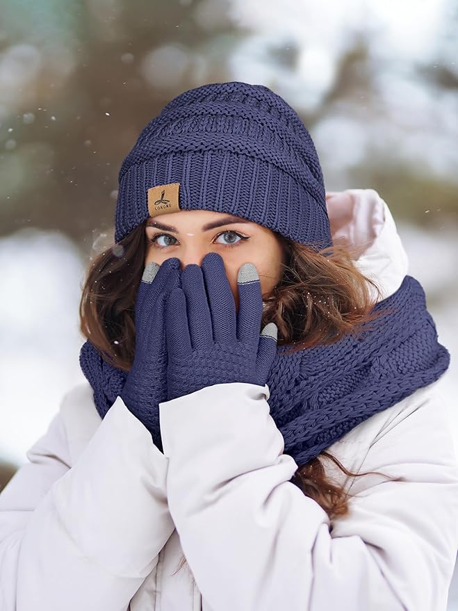 Winter Beanie Hat Scarf Gloves, Warm Fleece Knit Hats Touch Screen Gloves Neck Scarf Set Winter Gifts for Unisex Adult