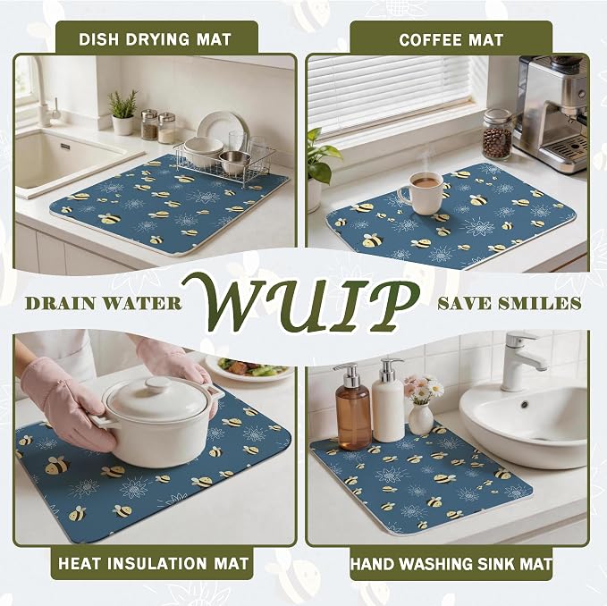 Bee Dish Drying Mats for Kitchen Counter, Bee Lovers Gifts, Cute Navy Blue Floral Honeybee Absorbent Reversible Coffee Bar Mat Drying Pad for Kitchen Decor, 12x15 Inch