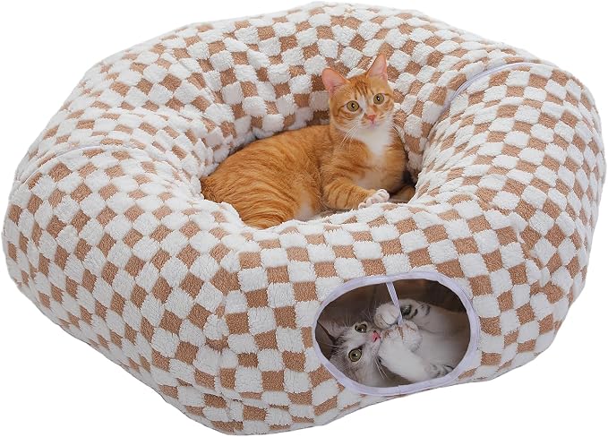 PEQULTI Brown Donut Cat Tunnel Bed Washable Plush Mat Multi for Small Pets | Round play tube with soft detachable plush mat, multi-pet toy fit indoor cats, kittens, puppies, rabbits and ferrets