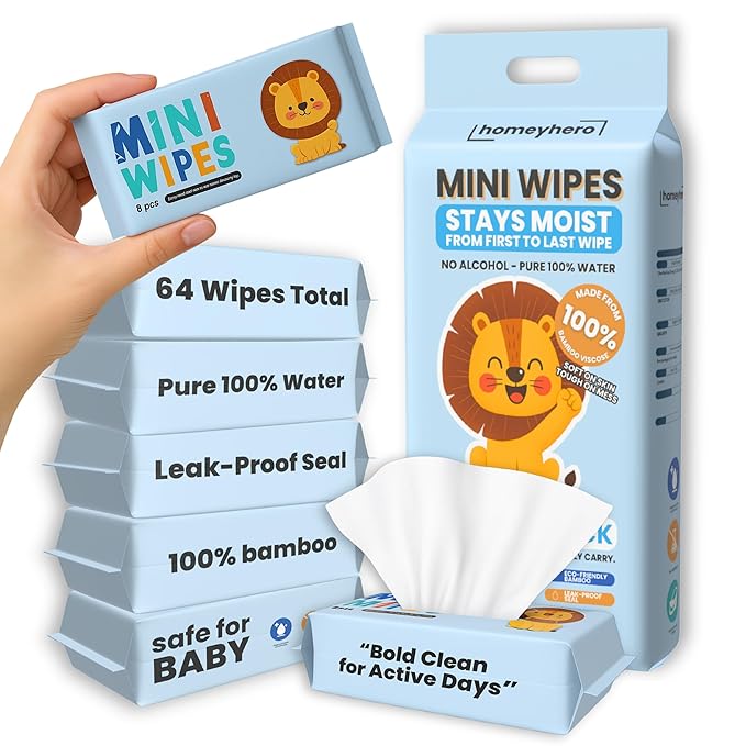 Mini Wet Wipes - Alcohol & Fragrance Free, Safe for Babies & Kids - 8 Bags Total 64 Wipes (Sky Lion)