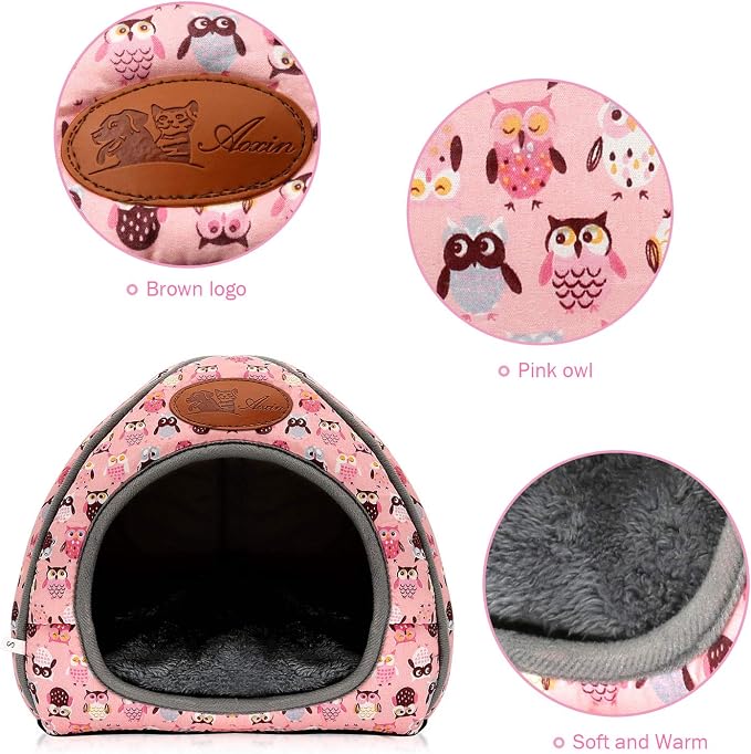 Guinea Pig Bed Hideout, Washable Hamster Cave for Small Animals | Removable Cushion for Cleaning, Warm Fleece Nest, Washable Bed, 10.23 x 10.23 x 11 in, Dwarf Rabbits Hedgehogs