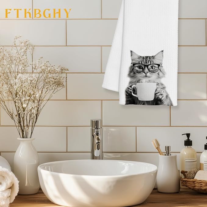 Funny Cat Decor Coffee Kitchen Towels Gift, Cat Gifts for Women, Coffee Gifts for Women, Kitty Lover Gift Decorative Dish Hand Tea Towels for Kitchen Home Bar Decor, 16x24 Inch
