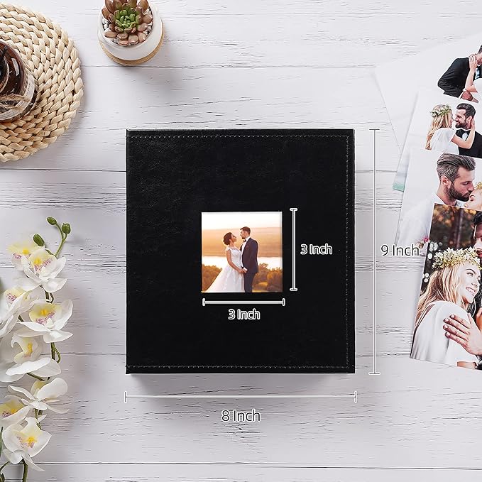 potricher Small Photo Album 4x6 200 Photos Leather Cover Picture Book with 200 Horizontal Pockets for Family Wedding Anniversary and Baby (Black)