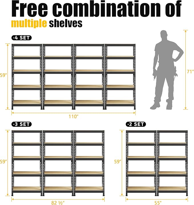 PrimeZone Storage Shelves 6 Pack 5 Tier Adjustable Garage Storage Shelving, Heavy Duty Metal Storage Utility Rack Organizer Shelf Unit for Warehouse Pantry Closet Kitchen Basement, Black