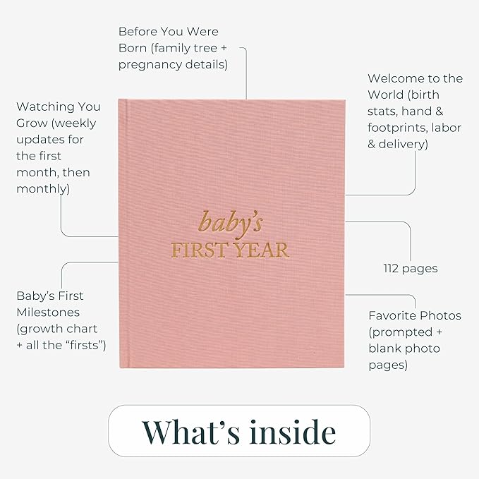 Baby First Year Book - Heirloom Keepsake Baby Memory Book to Record Important Milestones, Photos & More - Baby Keepsake Books (Dusty Rose,112 Pages)