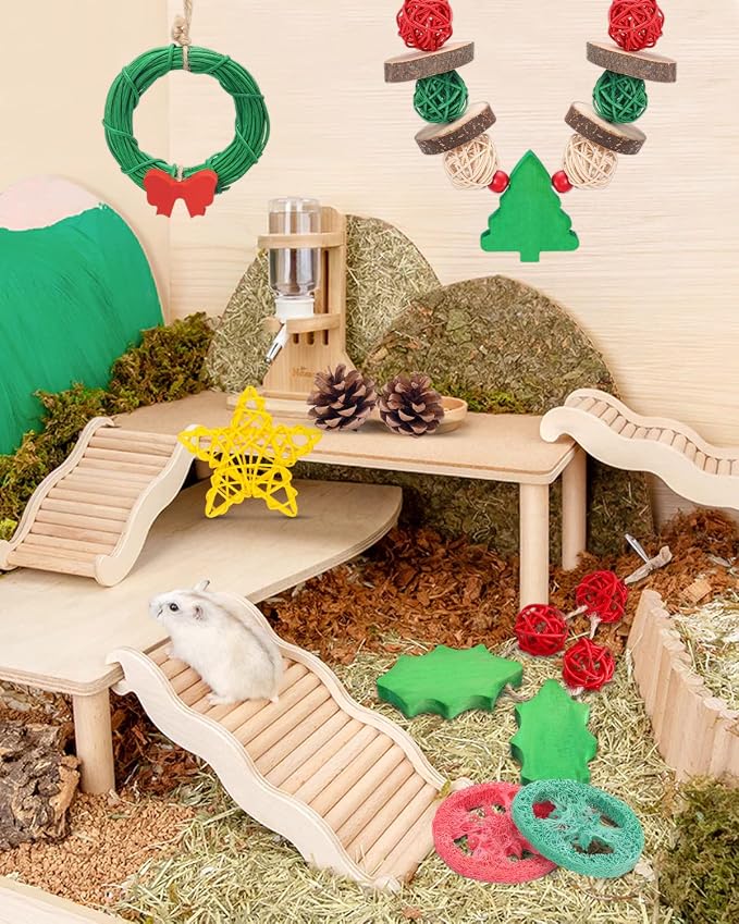 Xylolfsty Christmas Small Pet Chew Toys Set 8PCS for Guinea Pigs | Wooden Accessories for Chinchilla, Hamster & Bunny Rabbit Cages, Help Teeth Grinding, Holiday Decor and Gifts for Small Pets