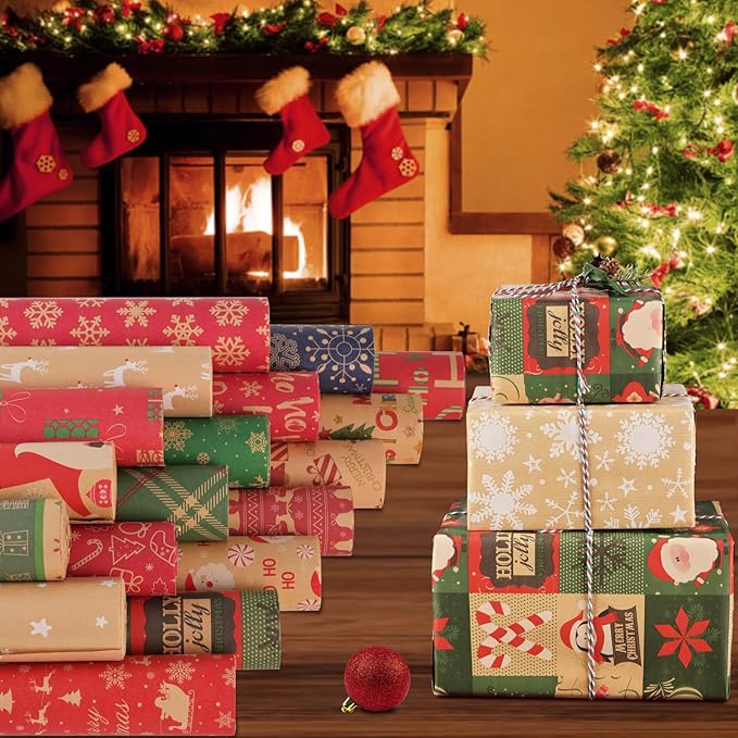 AhfuLife 2 Rolls Christmas Wrapping Paper - 17 Inch × 49.2 Feet Per Roll, Recyclable Snowflake Kraft Xmas Wrapping Paper Roll for Christmas Gift Box Birthday Party Decoration -138 sq. ft. ttl