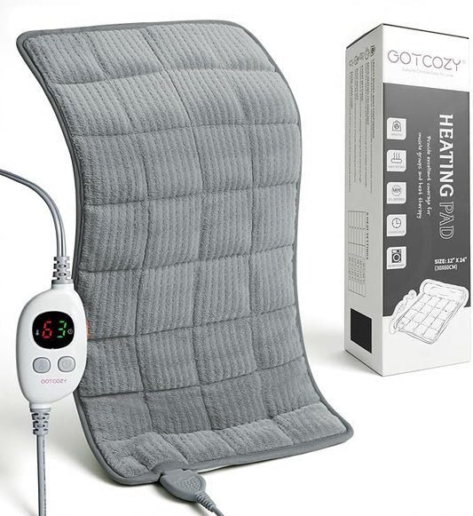 GOTCOZY Weighted Heating Pad 12"X24" - Electric Heat Pad for Back Neck Shoulder Pain Relief,6 Heat Settings,3H Auto Shut Off, Birthday Gifts for Women Men, Dad, Mom (Light Grey)