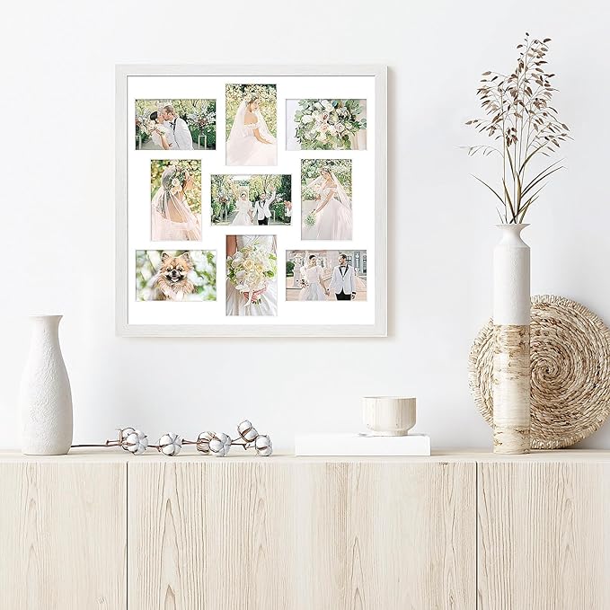 17x17 Collage frame with 9 Openings 4X6 Pictures, Multiple Picture Frame with Mat, Wall or Tabletop Decor, White Wood Grain,2 Pack