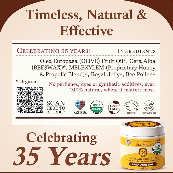 Sweet Bee Magic All In One Healing Organic Balm - Natural Skin Healing Cream, Beeswax Balm for Dry Skin, Face & Body Moisturizer - Certified Organic, All Natural Aid - 1 Jar (4oz)