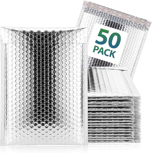 50 Pack Insulated Silver Thermal Bubble Mailers 8 x 11 in, Waterproof Metallic Foil Padded Envelopes, Self Adhesive Bubble Mailer Bags for Cold Shipping, Food, Perishables, Cosmetics