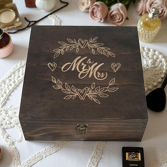 Mr and Mrs Wedding Memory Box -Wooden Keepsake Box with Lid for Couples - Rustic Storage Box for Cards, Photos, Vows, and Mementos – Ideal for Wedding, Engagement, or Anniversary