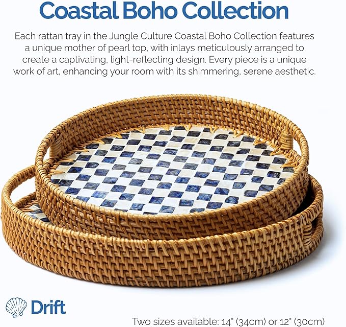 JUNGLE CULTURE Rattan Serving Tray 12" with Mother of Pearl Inlay • Coastal Boho Collection • Handcrafted Woven with Handles for Home • Round Dining Table Tray • Wicker Serving Basket – Drift