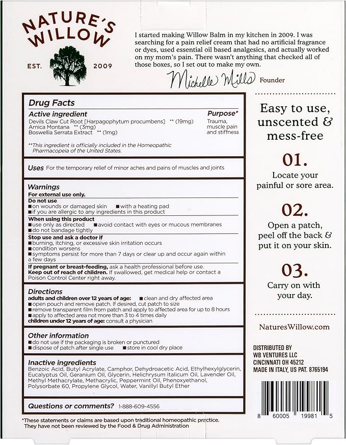 Nature's Willow Relief Patches – Fast-Acting, Plant-Based Topical Solution to Help with Sore Muscles & Joints | 6 Patches per Pack | 1-Pack