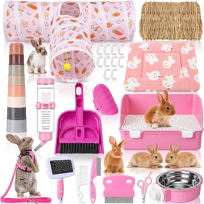 34 Pcs Rabbit Starter Kit Rabbit Litter Box Small Animal Water Bottle Cups Bunny Tunnels Animal Grooming Kit Bowl Blanket with Cleaning Set for Guinea Pig Bunny(Style 3,Sakura Pink)