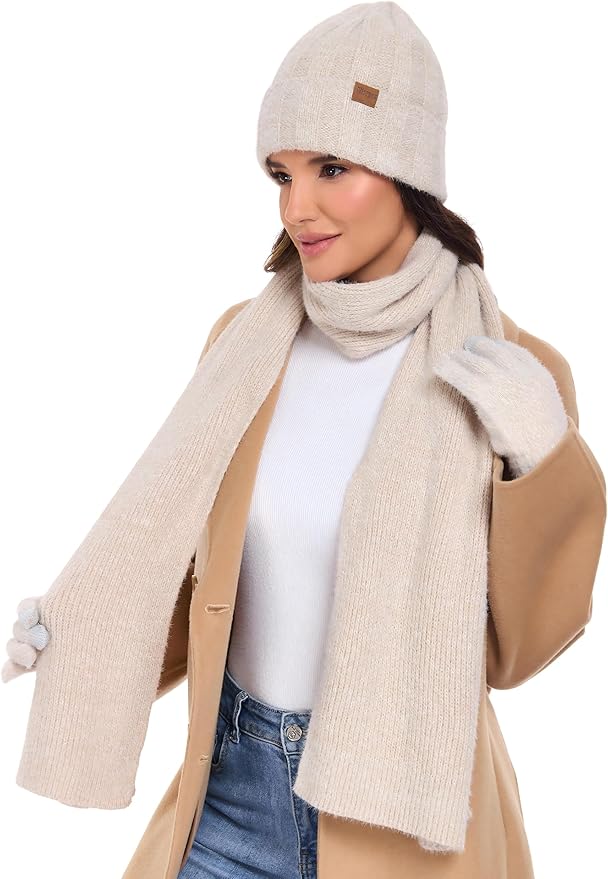 Womens Beanie Hat Scarf Gloves Set Gifts for Women Men
