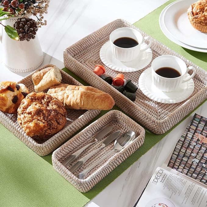 Rattan Serving Tray, Rectangular Woven Tray, Natural Wicker Decorative Serving Baskets for Organizing Tabletop Bathroom Kitchen Counter (White)