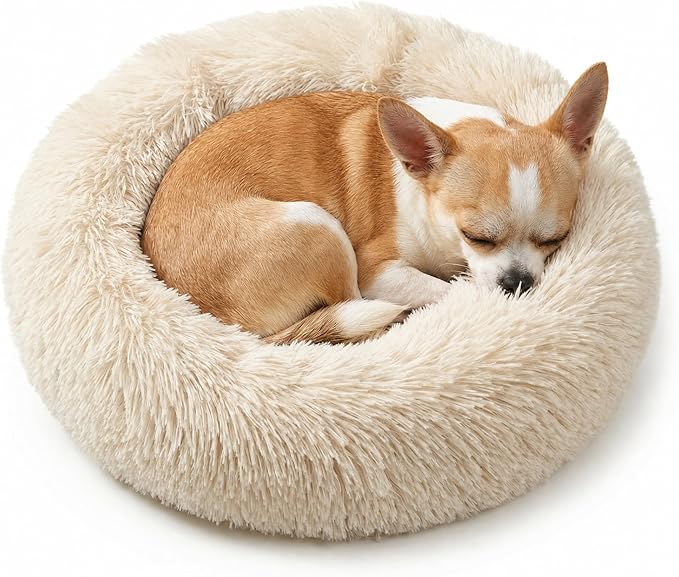 Tiny Dog Bed for Extra Small Dogs for Chihuahua Pomeranian Toy Poodle | 15 Inch Washable Puppy Bed,Soft Faux Fur Calming Donut Bed,Beige