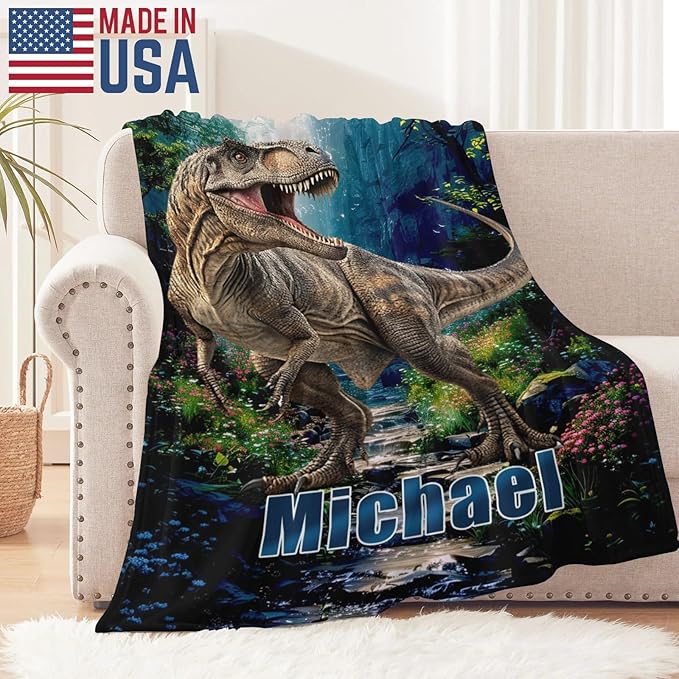 Custom Boy Blanket with Dinosaur - Personalized Throw Blanket Gift for Boys Kids Adults (Dinosaur Design)