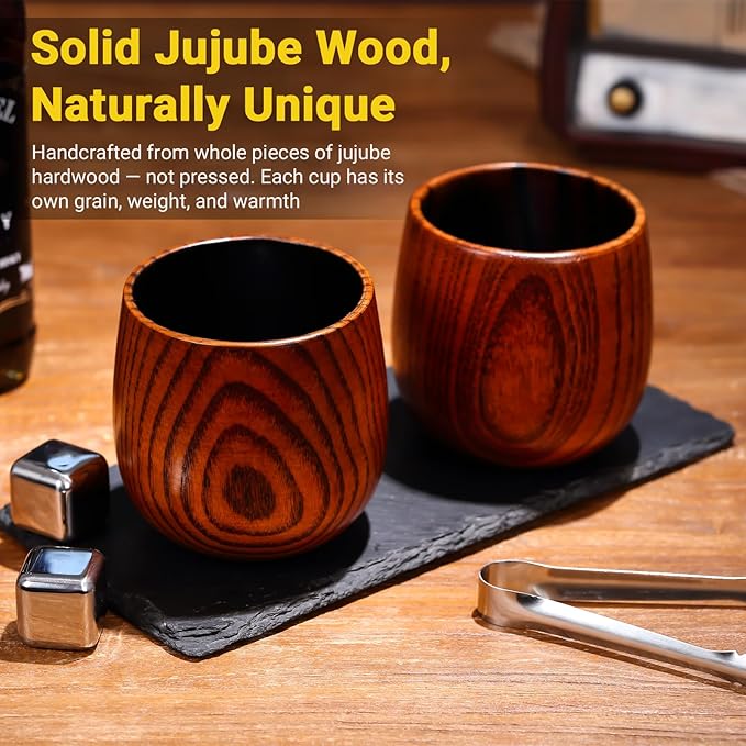 4PCS Charred Wooden Whiskey Glass – Handcrafted Solid Wood Tumbler for Men | Unique Whiskey Gifts | Natural Grain, Flame-Finished Bourbon Glass，Fathers Day Gifts For Dad，Him，Husband