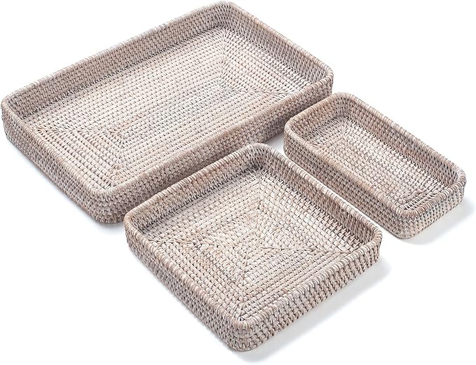 Rattan Serving Tray, Rectangular Woven Tray, Natural Wicker Decorative Serving Baskets for Organizing Tabletop Bathroom Kitchen Counter (White)
