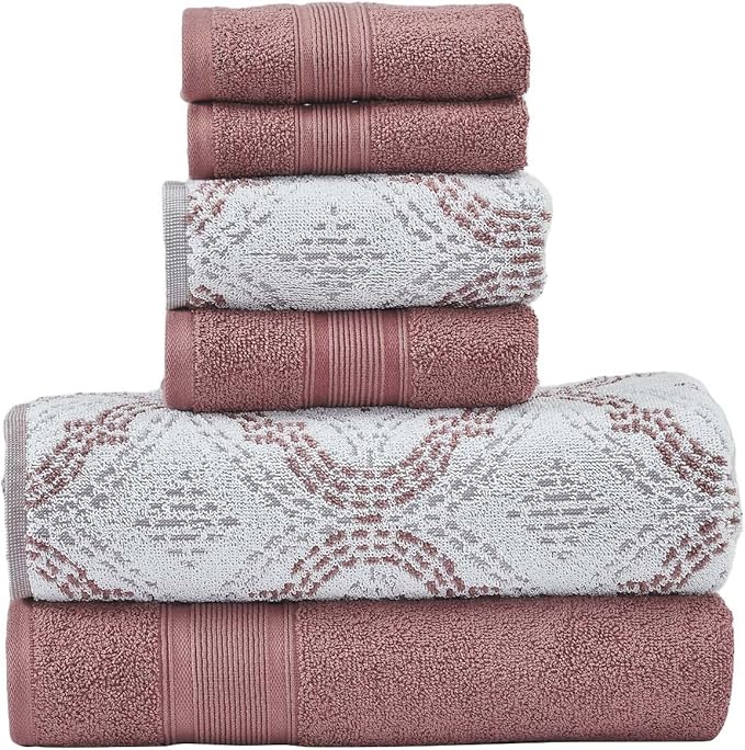 Modern Threads Capri 6-Piece Reversible Yarn Dyed Jacquard Towel Set - Bath Towels, Hand Towels, & Washcloths - Super Absorbent & Quick Dry - 100% Combed Cotton, Rosewood