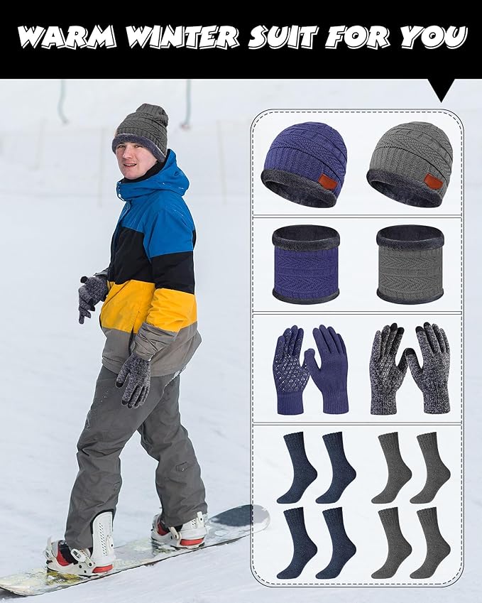 10 Pieces Winter Hat Beanie Scarf Touch Screen Gloves and Sock Set Slouchy Knit Skull Cap Beanies Fleece Lining Neck Warmer