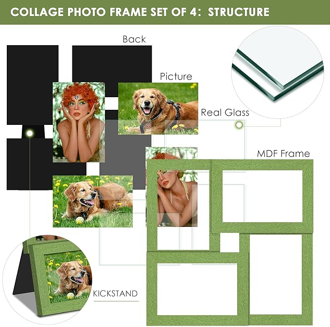 4x6 Collage Picture Frame Tempered Glass Front, Displays Four 4x6 Photo, Family Photo Collage Frame, Wall Decor Wall Hanging or Tabletop, Green