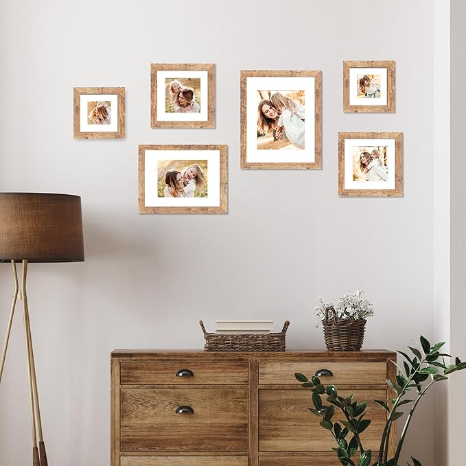 iRahmen 8x8 Picture Frame Set of 4 with HD Glass, Display 6x6 Pictures with Mat or 8 x 8 Without Mat, Square Wood Photo Frame for Wall Mount and Tabletop Display