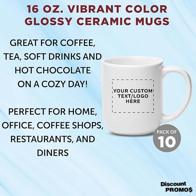 DISCOUNT PROMOS Custom Vibrant Color Glossy Ceramic Mugs 16 oz. Set of 10, Personalized Bulk Pack - Perfect for Tea, Espresso, Cappuccino, Hot Cocoa - White