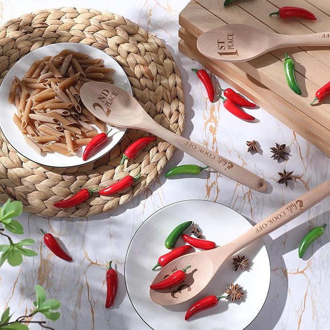 Soaoo Set of 3 Chili Cook Off Trophy Wooden Spoon Prizes Chili Engraved Cooking Spoons for 1st 2nd 3rd Cooking Competition Award(Carved at Handle and Spoon Surface)