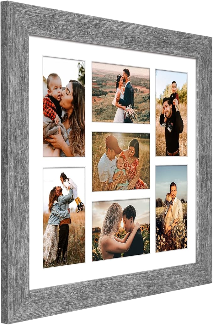 13.5X15.5 Picture Frames Collage with 7 Openings 4X6 Pictures, Multi Photo Frame with Mat for Wall Hanging Decor, Grey Wood Grain
