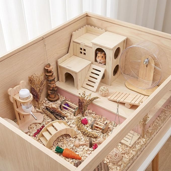 26 Pcs Hamster Cage Accessories, Silent Wheel & Wood House Set | Includes Maze House, Water Bottle, 13 Chew Toys, Seesaw Bridge; Natural Wood, for Guinea Pigs Chinchillas Gerbils Mice Rats