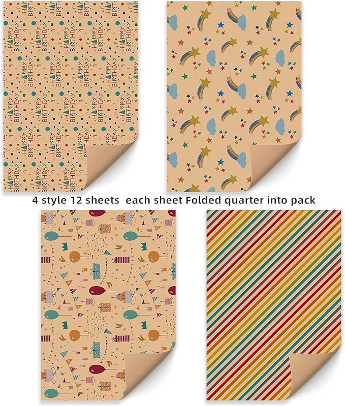 PlandRichW Birthday Wrapping Paper for Kids Girls Women Boys Men,12 Sheets Kraft Brown Recycled Gift Wrapping Paper 4 Styles of ''Happy Birthday'' Balloon Rainbow Stars Precut 20" X 29" Folded