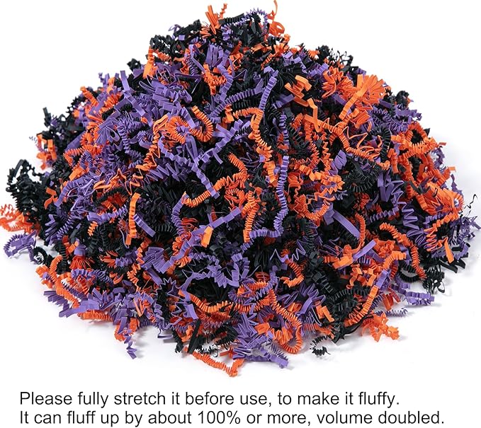 Mefleet 1/2 LB Halloween Crinkle Cut Paper Shred Filler 8 oz Orange & Purple & Black Crinkle Shredded Paper for Boo Basket - Gift Box Bag Filler - Grass Cushion Stuffing for Halloween Wrapping