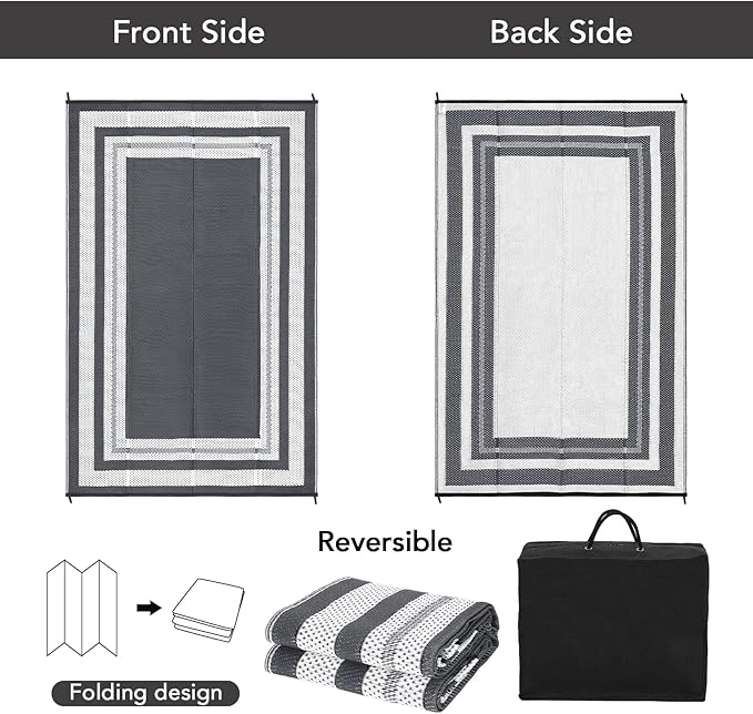 Outdoor Rug 8x10 Waterproof Patio Rugs Modern Border Reversible Mat for Front Door Rv Foldable Plastic Straw Carpet for Travel Trailers, Deck, Porch, Camper, Balcony, Beach，Grey/White