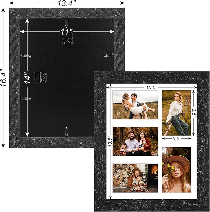 11x14 Picture Frame Display 5 opening 4X6 Picture Frame Collage,Multi Photo Frame with Mat,Plexiglass,Wall or Tabletop Decor,Black Wood Grain