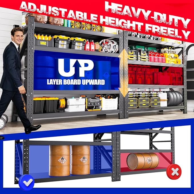 60''W Garage Shelving Adjustable Garage Shelves 5000LBS Storage Shelves,4-Tier Metal Shelving Unit Storage Shelf, Easy Assembly Utility Shelf for Warehouse, Basement, Black (70'H x 60''W x 24''D)