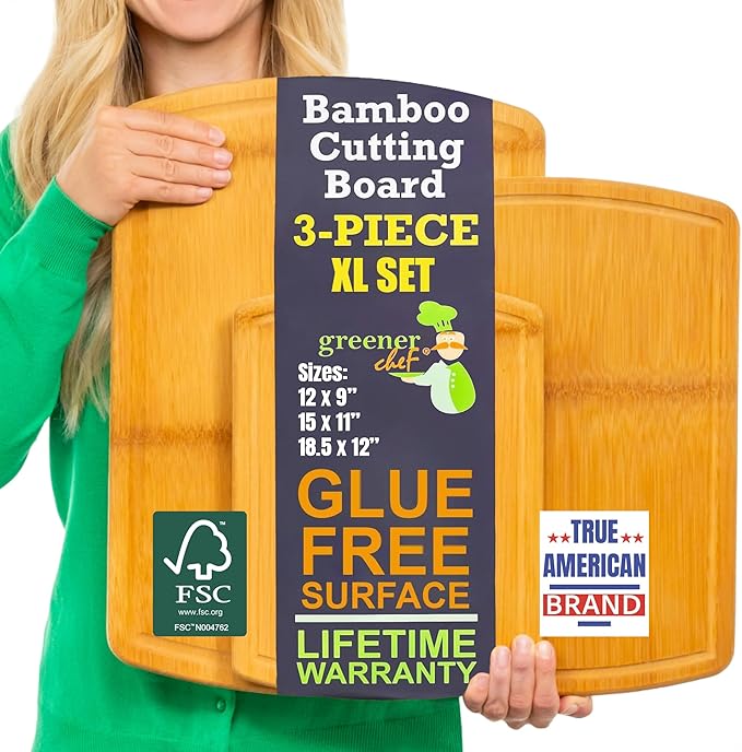 Wooden Cutting Boards for Kitchen with Glue-Free Surface and Lifetime Replacements – Organic Bamboo Chopping Board with Juice Grooves for Carving & Serving, Non Toxic & Durable by Greener Chef